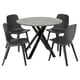 Option: Grey round dining set with 4 black chairs, stone table, comfy design.