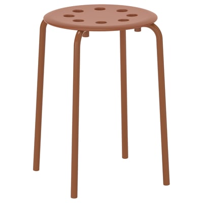 A round-shaped, orange-colored MARIUS stool with metal legs and a perforated seat, made from steel and polypropylene.