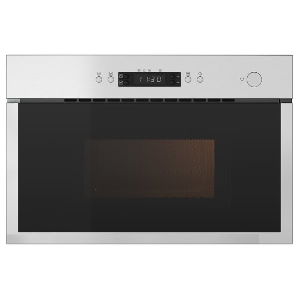 Stainless steel microwave with sleek, silver handle-free door, control panel, and digital display.