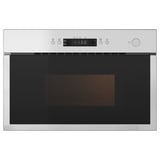 Stainless steel microwave with sleek, silver handle-free door, control panel, and digital display.