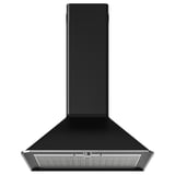 Black kitchen hood, modern design with curved edges.