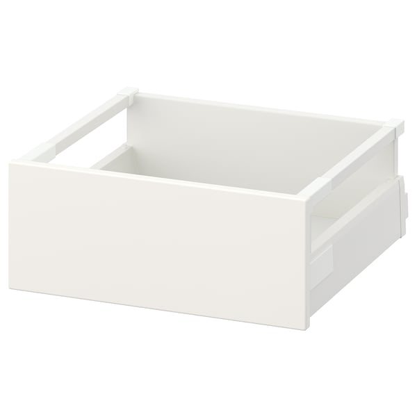 Depicts a white MAXIMERA drawer, rectangular in shape, made of steel and particleboard with a smooth, clean design.