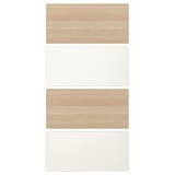 MEHAMN sliding doors. The doors are double-sided with wood and white finishes. They are made of fibreboard with a paper foil finish.