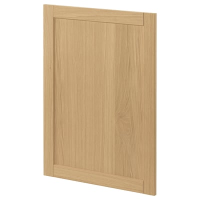 A light brown wooden kitchen cabinet door in a simple, framed design with beveled edges.