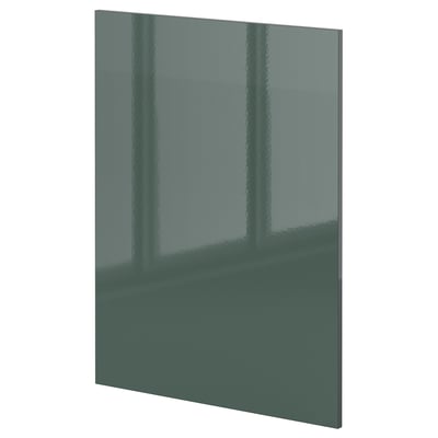 High-gloss grey-green modern kitchen cabinet door, sleek rectangular design, glossy plastic finish.