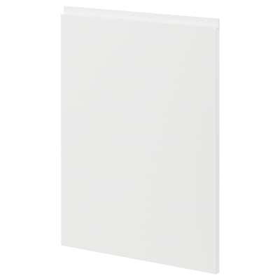 Modern white cabinet door, sleek and minimalist, part of METOD kitchen system, rectangular shape with plastic edges.