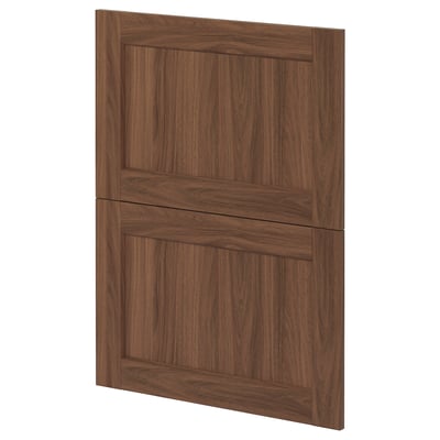 Dark brown wooden cabinet door, square shape with slightly raised panel design.