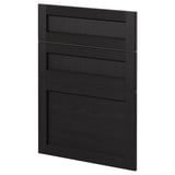 Black stained wooden cabinet door with three horizontal simple lines, three-panel design.