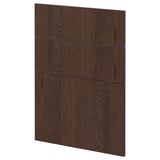 A dark brown wooden kitchen cabinet door with clean horizontal lines and a solid wood edge.
