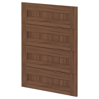 Displays a dark brown wooden cabinet door with a horizontal slatted design.