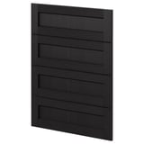 A dark wooden cabinet door with horizontal panels from ikeas METOD kitchen system.