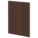 Dark brown wooden panel, part of ikeas METOD kitchen system. Horizontal grooves and solid wood edging.