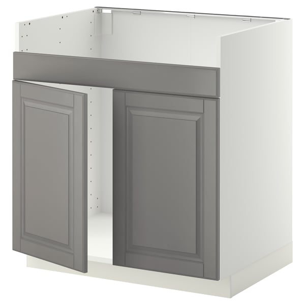 Ikea METOD kitchen cabinet in soft grey with traditional design and beveled edges.