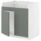 This image shows a METOD kitchen unit with grey-green doors and a white frame. The modern design includes two cabinet doors and a shelf.