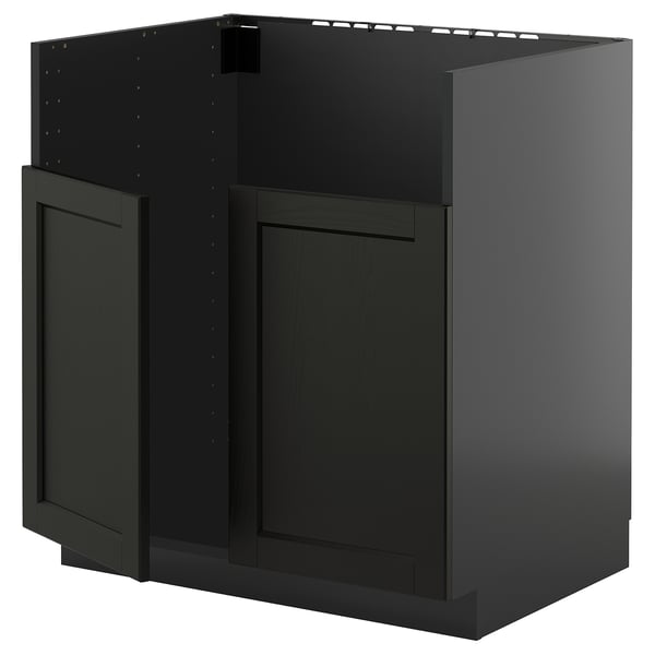 Black METOD cabinet, modern kitchen unit with dark stained ash door, wooden texture, rectangular shape.