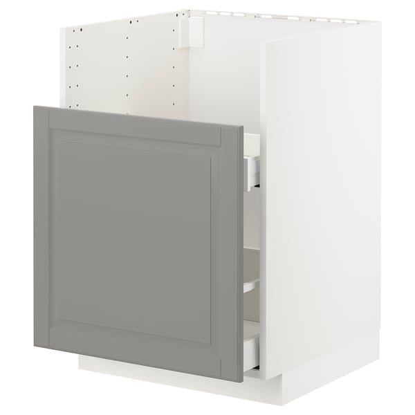 Ikea METOD white cabinet, grey drawer, modern kitchen design.