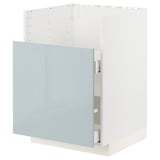 This image shows a modern kitchen cabinet from the METOD system, featuring a high-gloss grey-blue kallarp door.