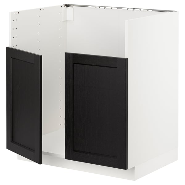 METOD kitchen unit, black wooden doors, white frame, square shape.