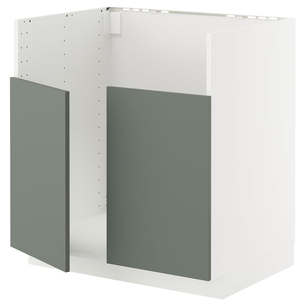 METOD kitchen unit in grey-green with white frame.