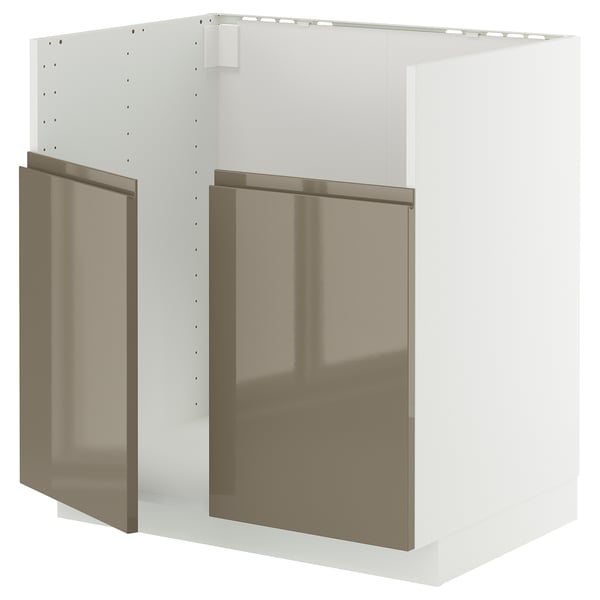 Modern white kitchen unit with sleek dark gray-brown glass doors.