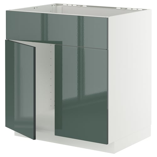 Modern METOD kitchen unit with high-gloss grey-green doors, square shape, and sleek design.