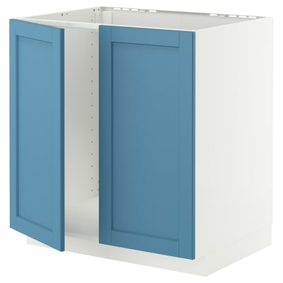 METOD Base cabinet for sink + 2 doors, white/Lerhyttan blue, 80x60 cm