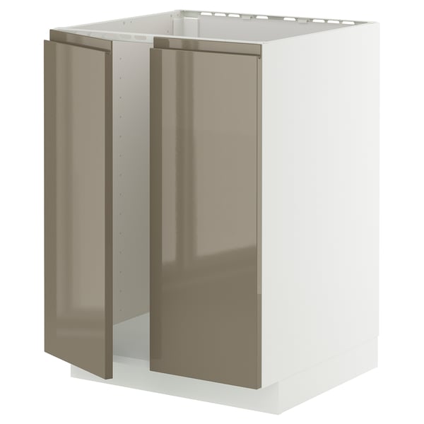 A modern, white kitchen cabinet with high-gloss, dark grey-brown doors and integrated handles, designed for a sleek and elegant look.