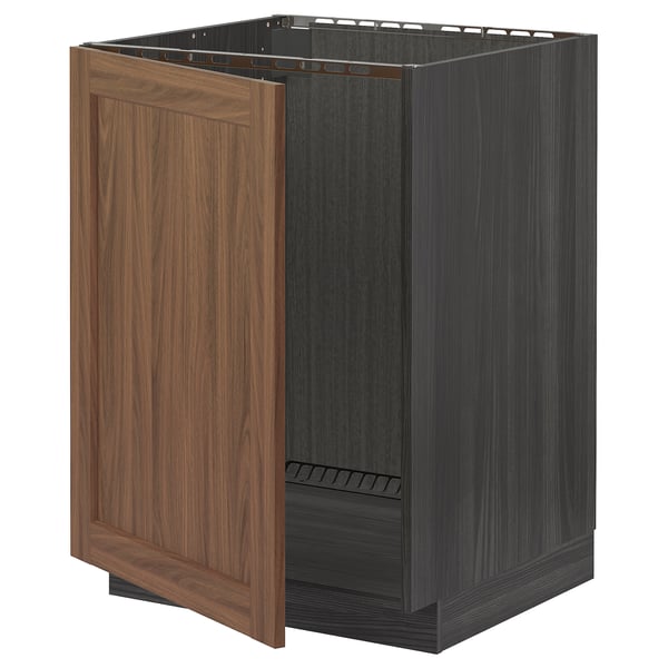 The METOD kitchen cabinet a walnut-finished door and dark grey body, combining classic and modern design.