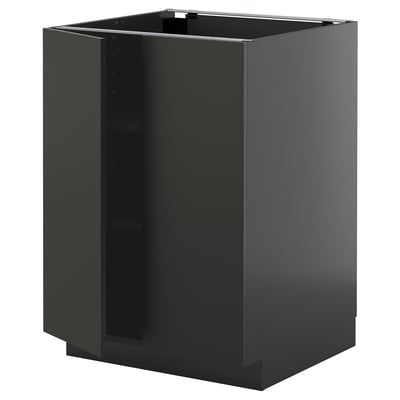 Modern black kitchen cabinet with sleek design and adjustable shelves.