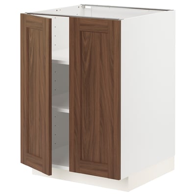 METOD kitchen cabinet with walnut doors. Two doors, square shape, white base, adjustable shelves.