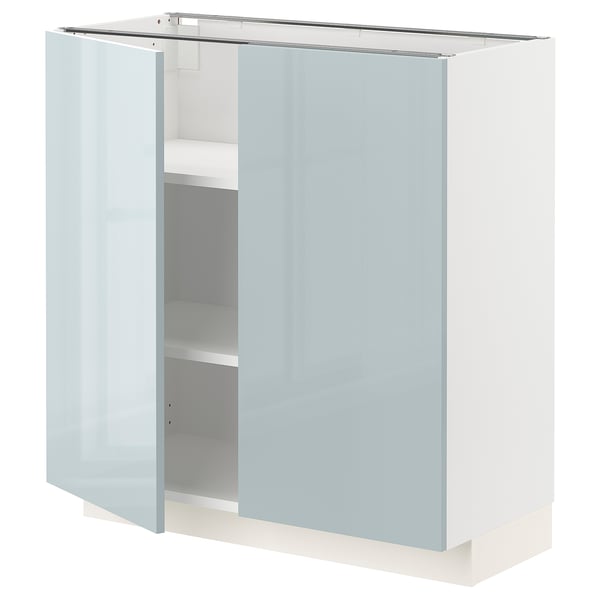 Depicts a white METOD kitchen cabinet with high-gloss grey-blue doors. The cabinet is rectangular with minimalist design and smooth edges.