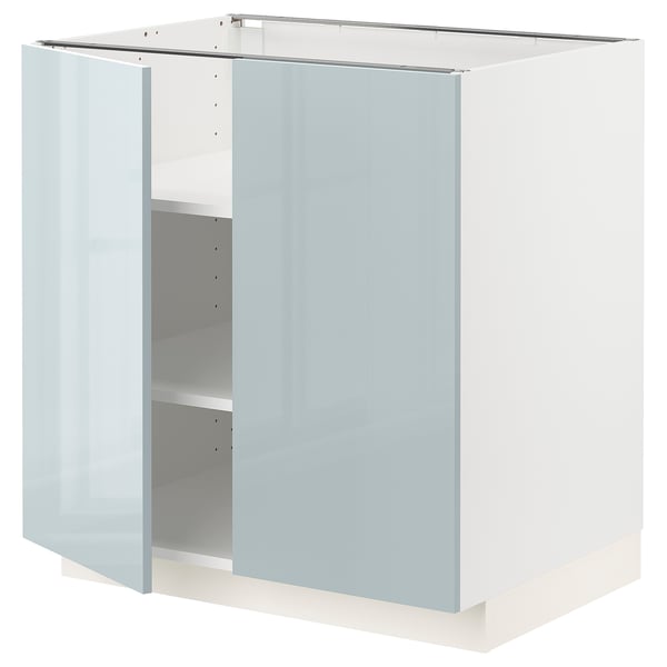 A modern, high-gloss grey-blue cabinet from ikeas METOD kitchen system.