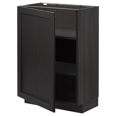 An open black stained wood kitchen cabinet with shelves.