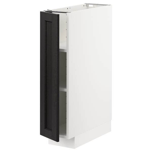 Modern white cabinet, black door, square shape, adjustable shelves.