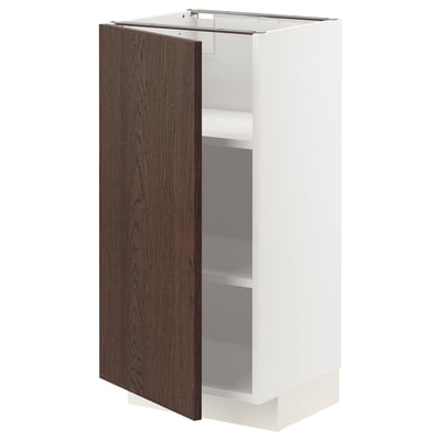Modern white cabinet with dark brown door, sleek design. Adjustable shelves, stylish kitchen storage.