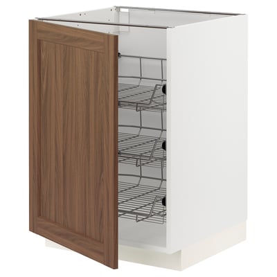 METOD kitchen cabinet in white with walnut-brown door, three wire shelves, handle-less design.