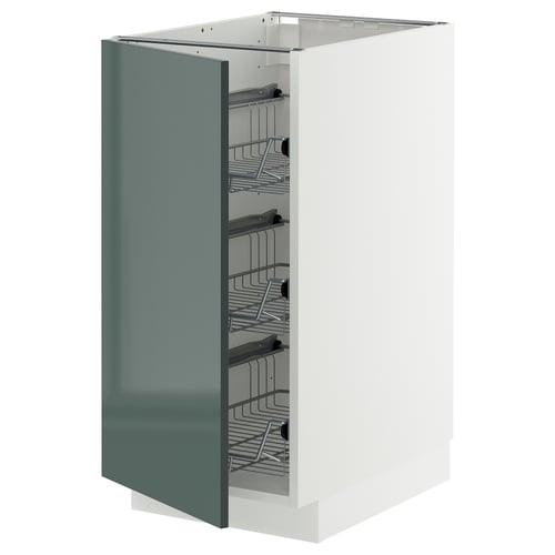 Modern kitchen cabinet, high-gloss grey-green METOD, steel racks, rectangular shape.