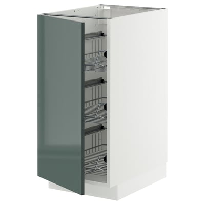 Modern kitchen cabinet, high-gloss grey-green METOD, steel racks, rectangular shape.