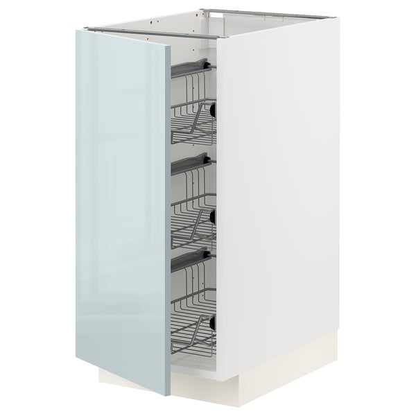 White cabinet with blue door, pull-out wire shelves, modern kitchen storage.