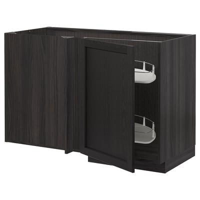 Modern black wooden kitchen cabinet with two open doors showing wire shelves.
