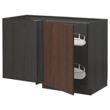 Dark wooden kitchen cabinet with pull-out shelves, modern design, sturdy construction.
