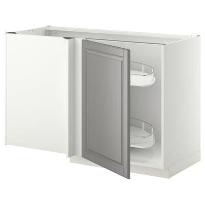 White METOD kitchen unit with grey door and pull-out shelves.