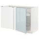 A white ikea METOD kitchen cabinet with a glass door in frosted blue, featuring corner shelves and a pull-out carousel.