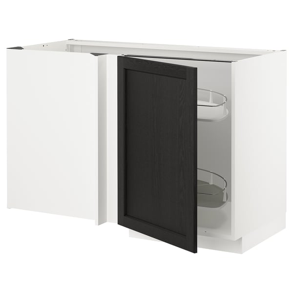 Modern kitchen unit, white with dark grey door, corner cabinet with pull-out shelves.