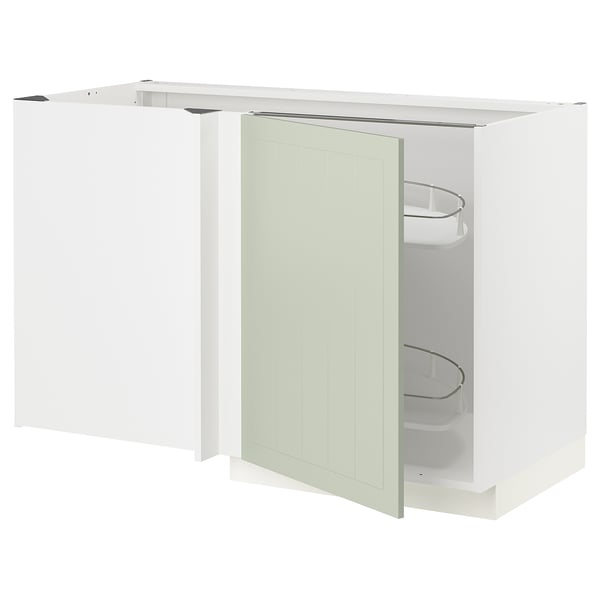 METOD kitchen unit with green stensund doors, white interior, pull-out shelves.