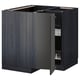 Dark gray ikea METOD kitchen cabinet with open door, showing shelves and organizing solutions.