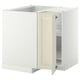 METOD kitchen: off-white cabinet with open door, beveled edges, shelving.