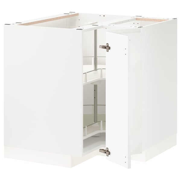 White modern kitchen cabinet set with glass shelves, metal hinges, and integrated handles.