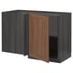 Modern dark wood kitchen cabinet with one open door, walnut finish, rectangular, sturdy frame.