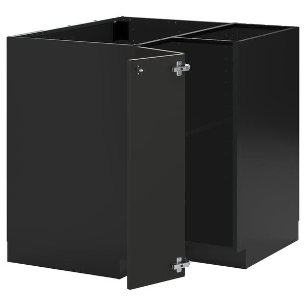 Black kitchen cabinet set, modern design with sturdy particleboard and metal hinges, includes 2 doors, adjustable shelves, and 25-year warranty.